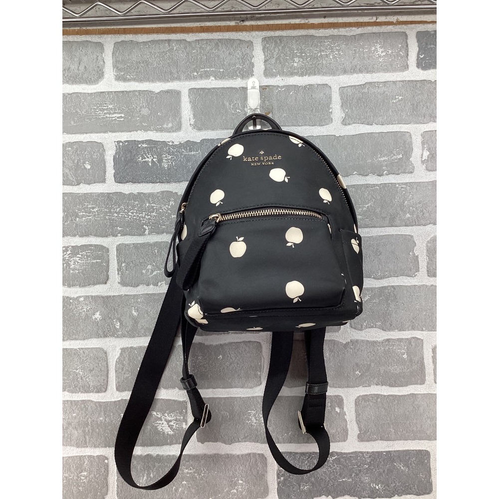 Kate Spade New York Mini Backpack Black Nylon Apple Print Gold Tone Hardware